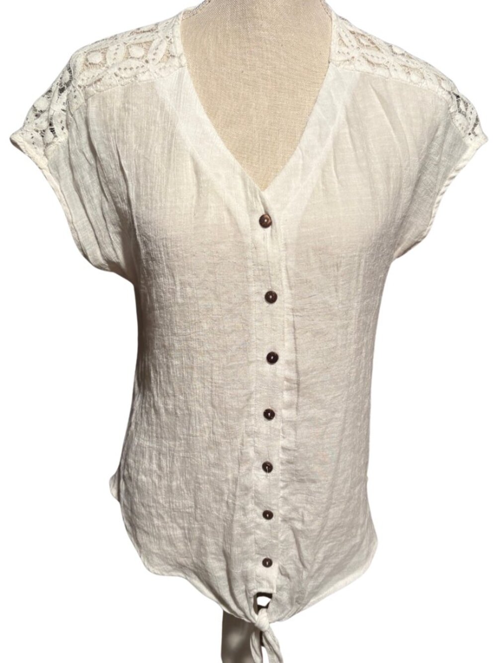 PerSeption Concept Cream Lace Blouse S Tie Front Boho Top